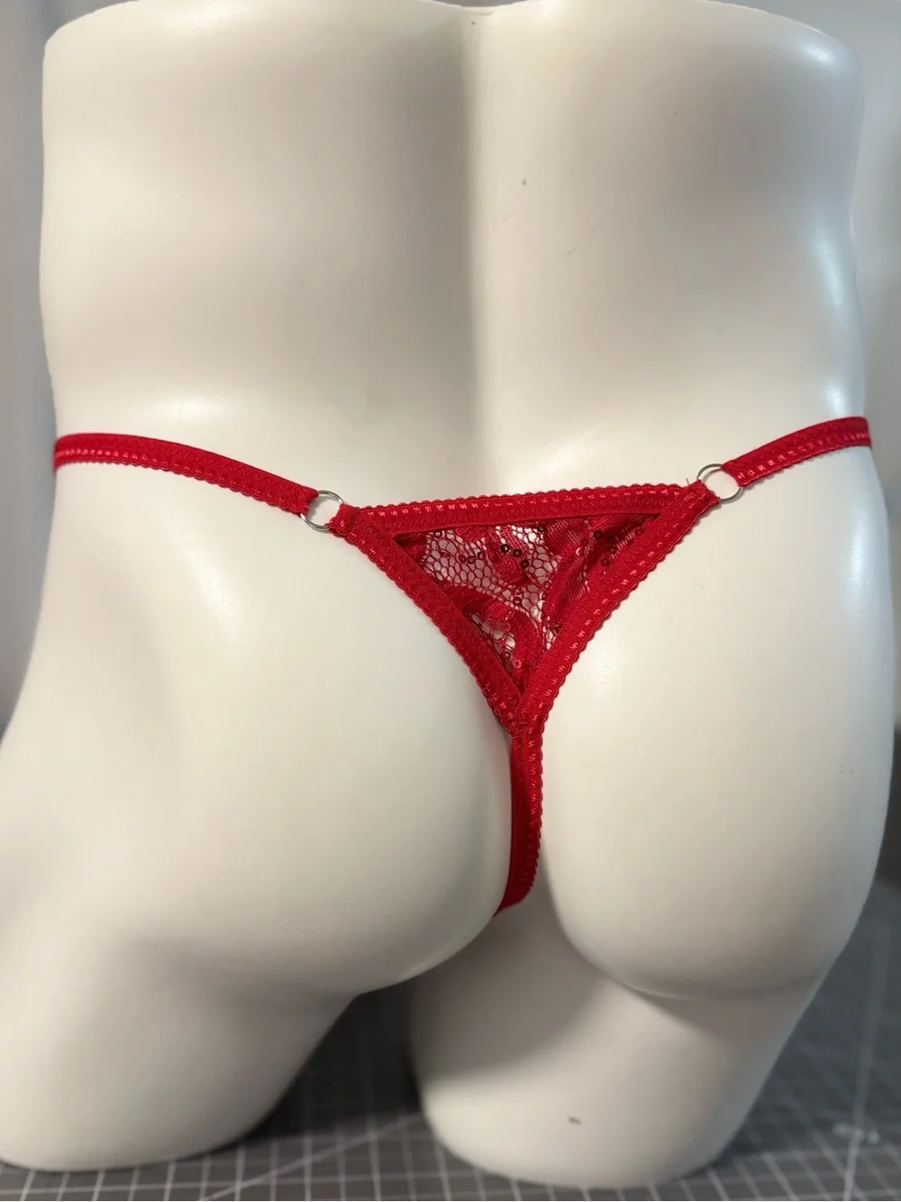 Red Lace Men’s Pouch Thong - Sheer Lace Trim